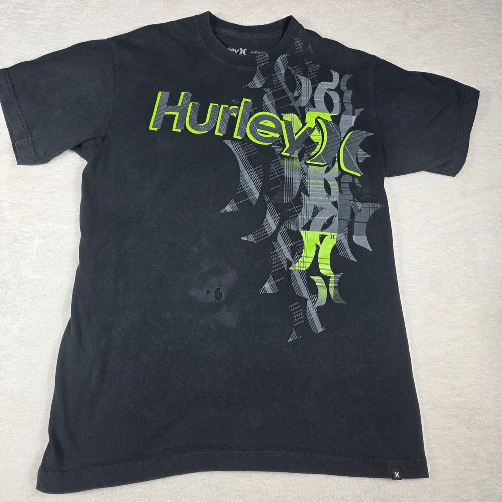 Hurley Graphic T-Shirt Mens Medium Black Neon Logo Fair Distressed Surf Skate